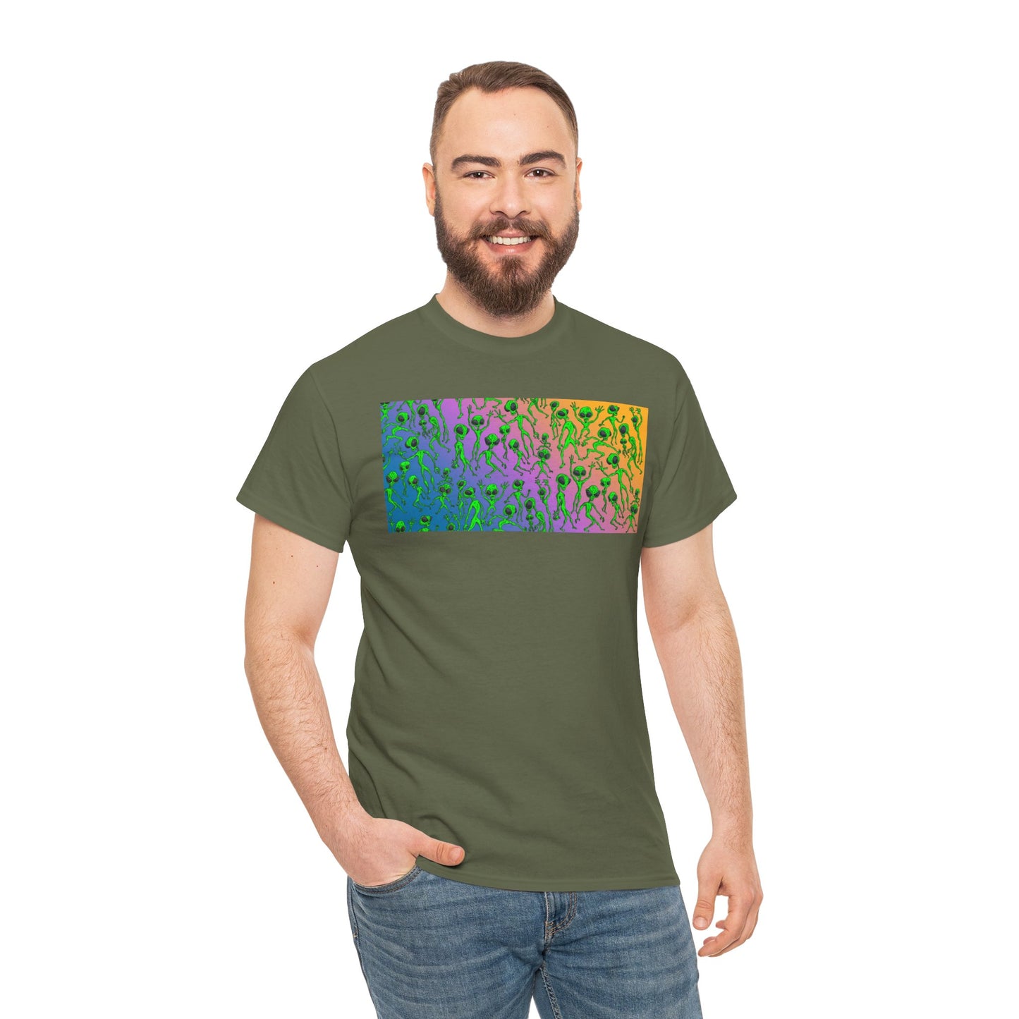 Alien Dance Party Gradient Tee — Colorful Psychedelic Green Aliens Art T-Shirt