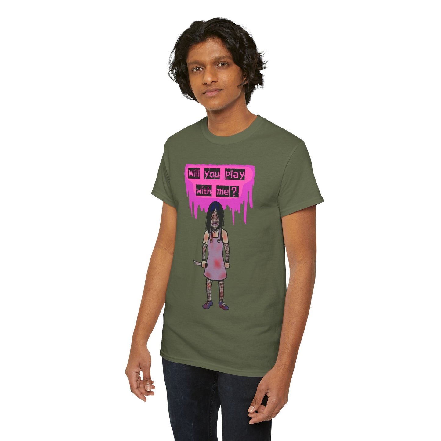 Playful Evil Doll Horror Graphic Tee, Unisex Heavy Cotton Shirt, Casual Wear, Unique Gift, Halloween Costume, Quirky Fashion