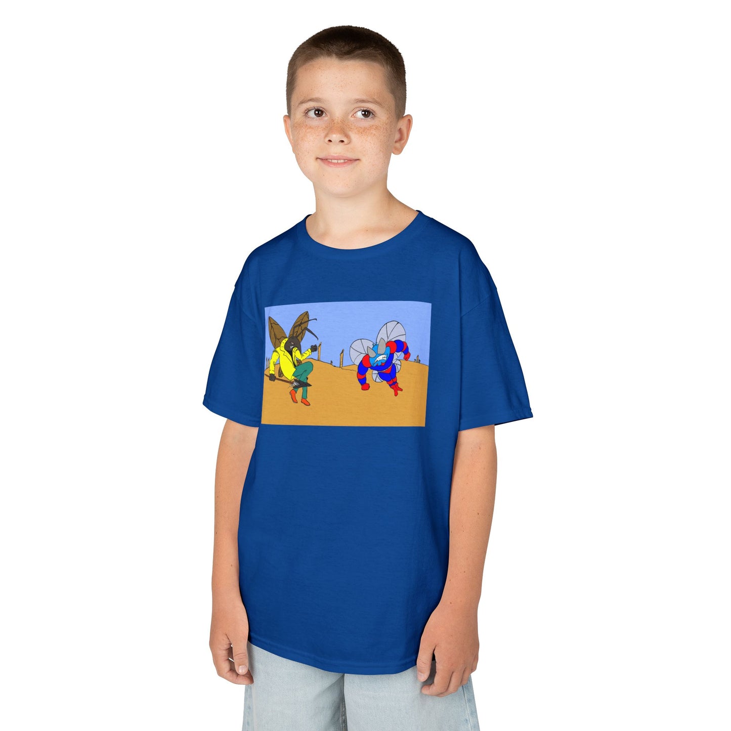 Astro-Fly and Wasp Warrior Kids Tee — Colorful Desert Beetle Cartoon Illustration