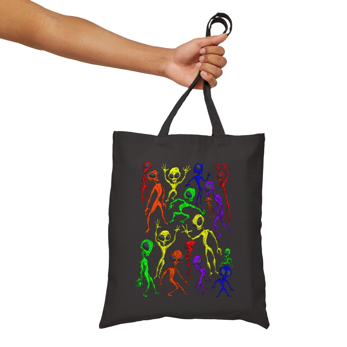 Alien Dance Party Canvas Tote Bag — Colorful Dancing Aliens Graphic Eco Shopper