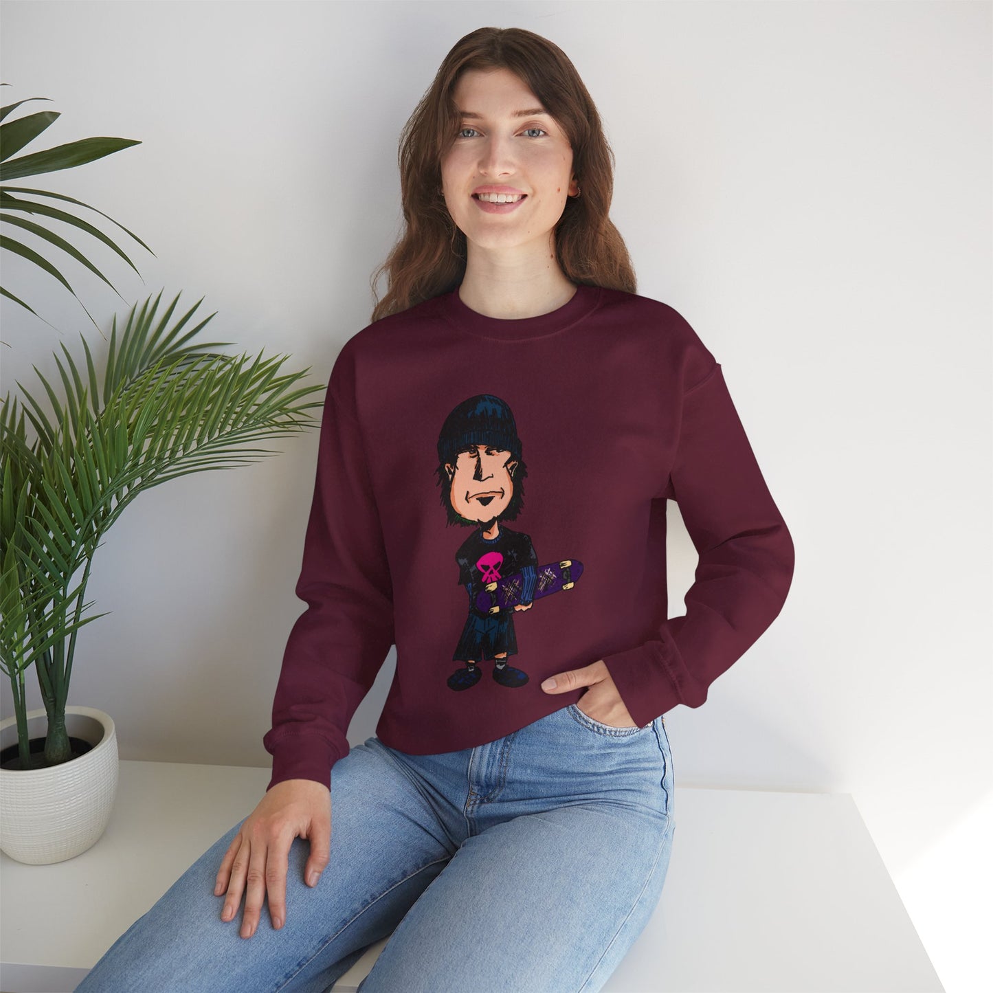 Rude Skater Dude - Skate Punk - Cartoon Skater Crewneck Sweatshirt – Cute Skateboarder Graphic Pullover