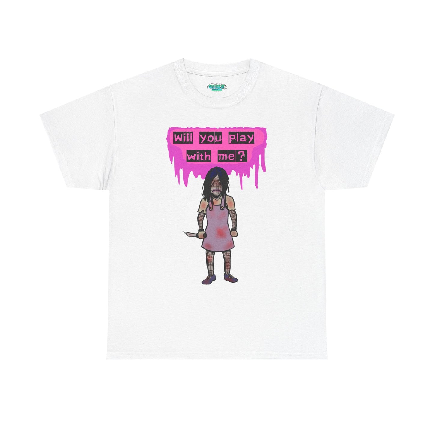 Playful Evil Doll Horror Graphic Tee, Unisex Heavy Cotton Shirt, Casual Wear, Unique Gift, Halloween Costume, Quirky Fashion