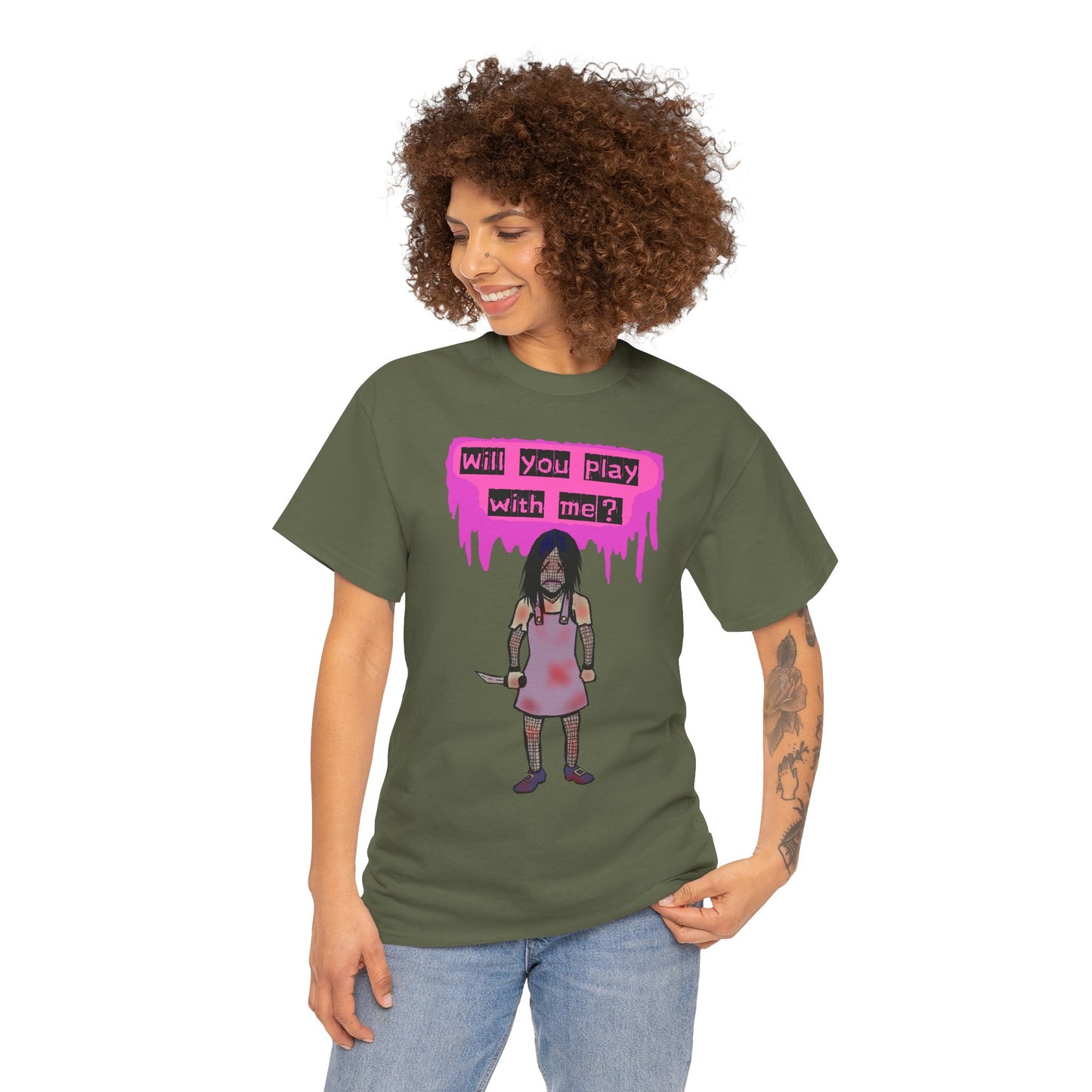 Playful Evil Doll Horror Graphic Tee, Unisex Heavy Cotton Shirt, Casual Wear, Unique Gift, Halloween Costume, Quirky Fashion