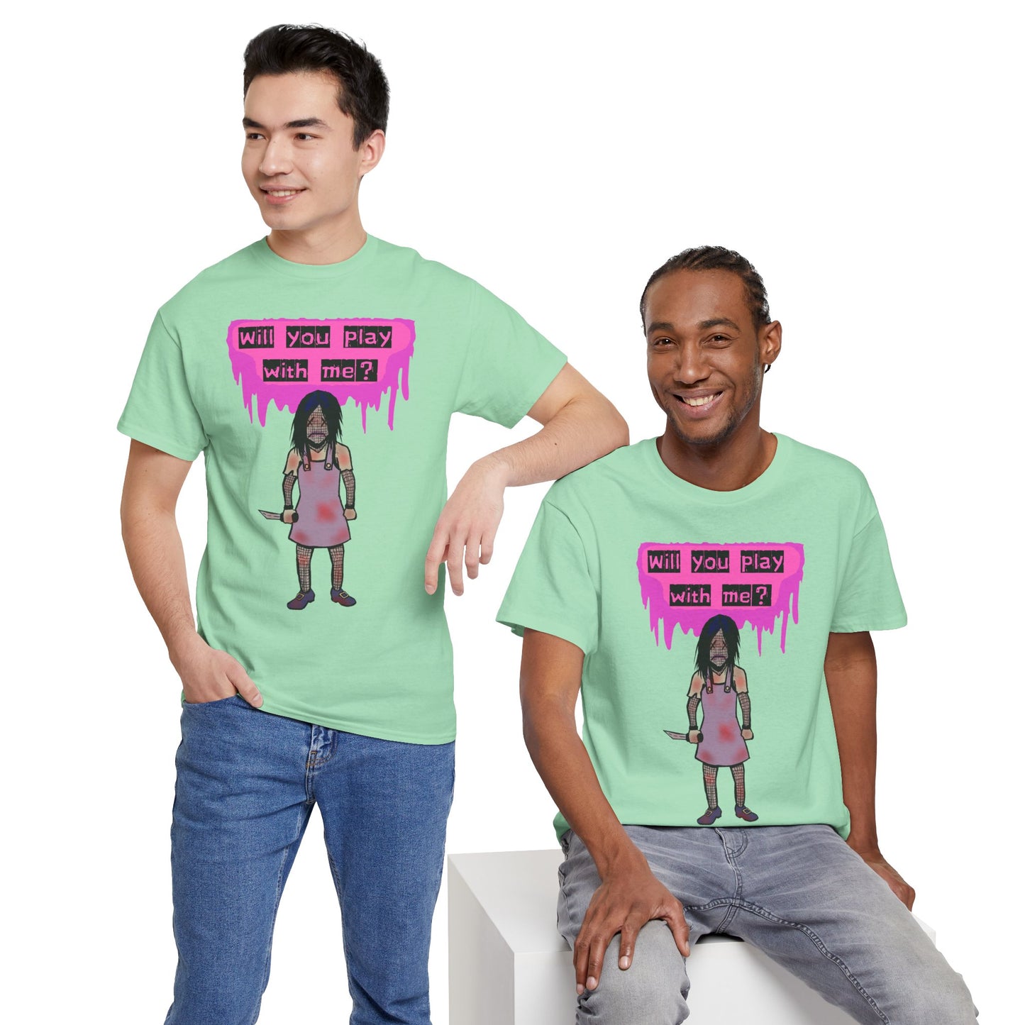 Playful Evil Doll Horror Graphic Tee, Unisex Heavy Cotton Shirt, Casual Wear, Unique Gift, Halloween Costume, Quirky Fashion