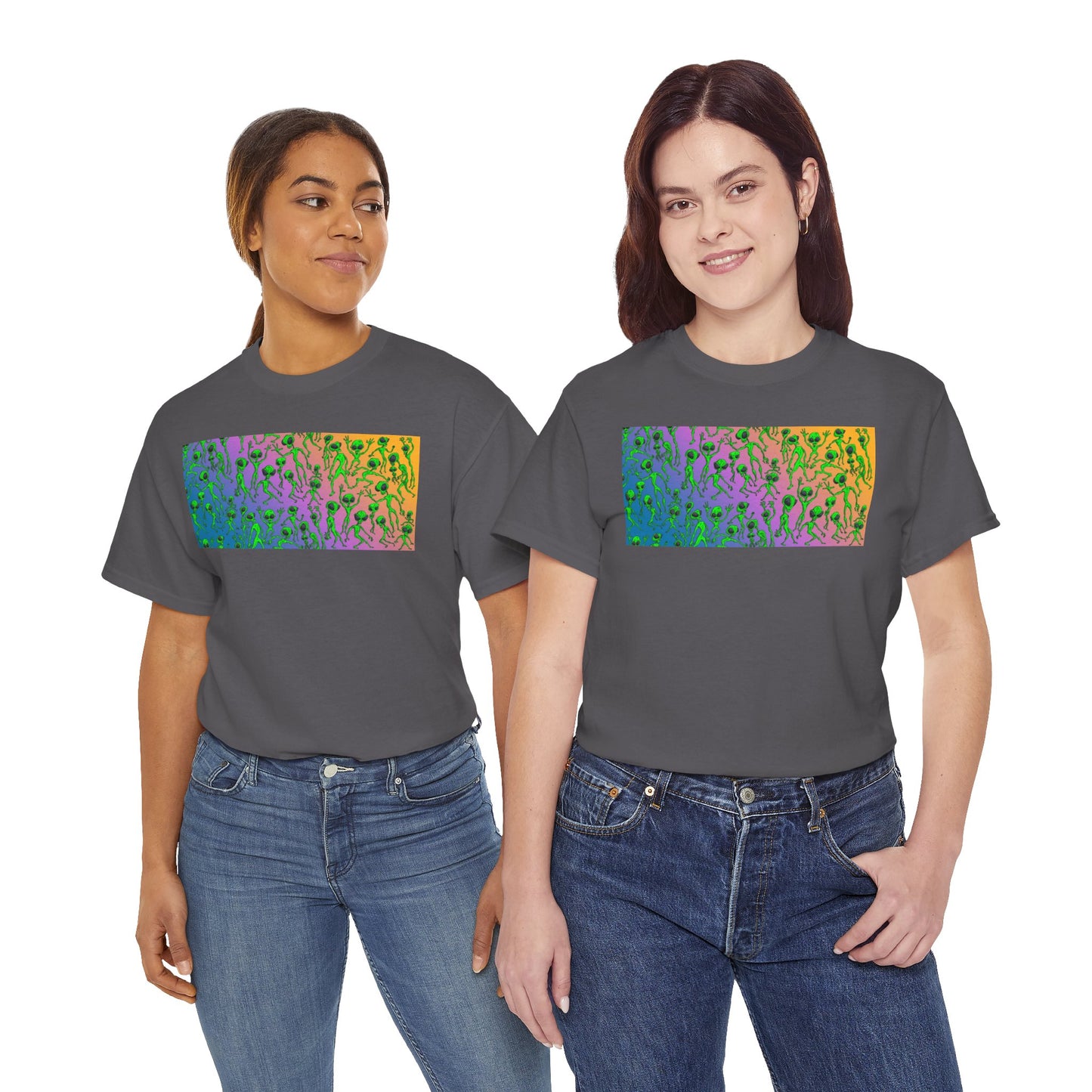 Alien Dance Party Gradient Tee — Colorful Psychedelic Green Aliens Art T-Shirt