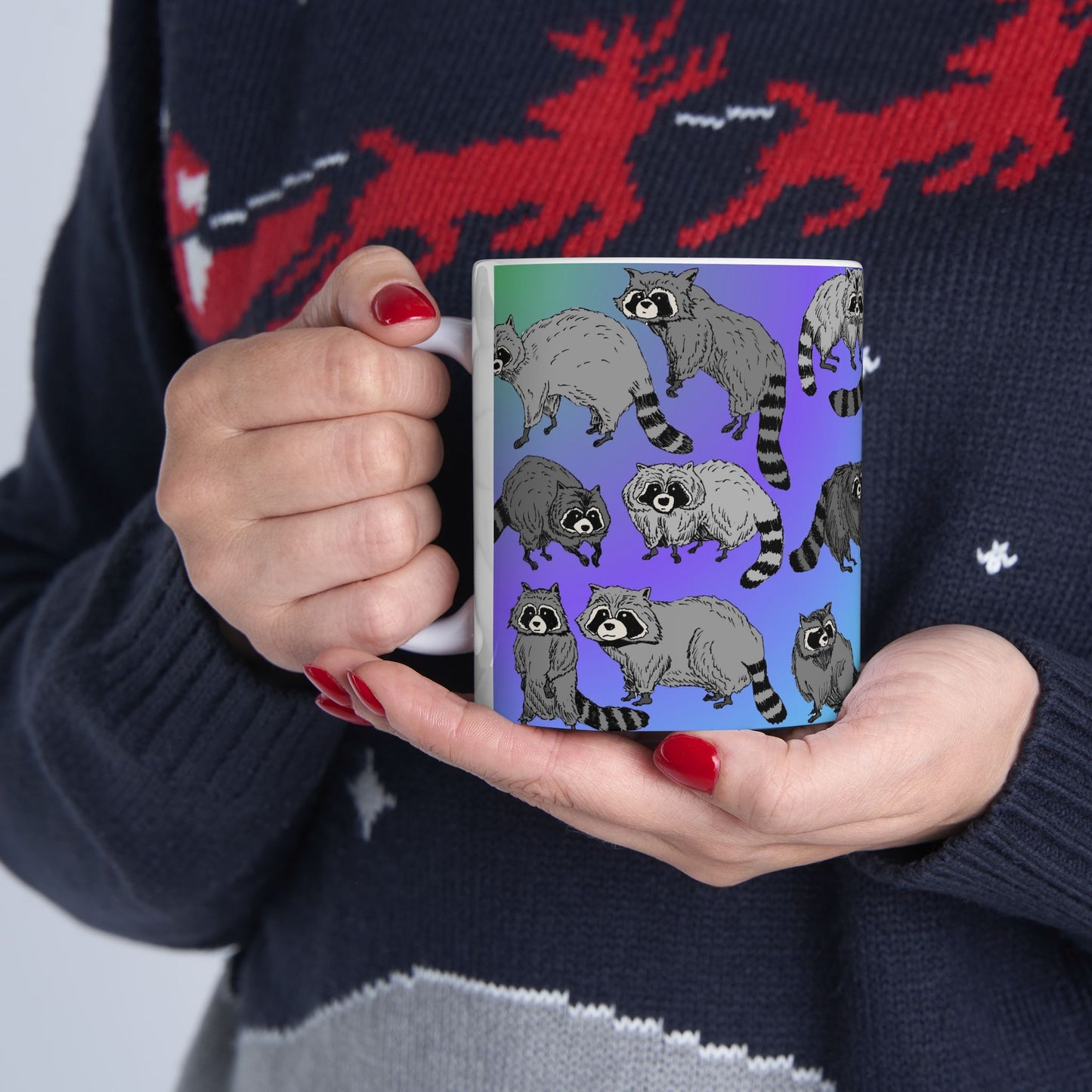 Raccoon Pattern Ceramic Mug — Cute Cartoon Raccoons on Gradient Background (11oz, 15oz)