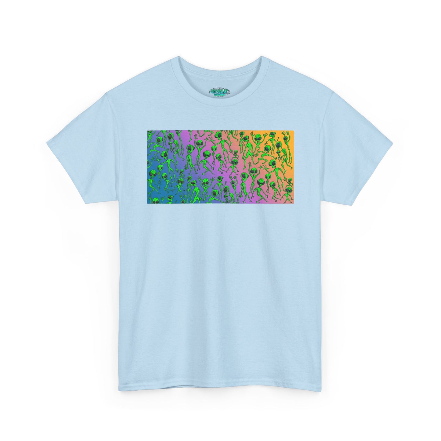 Alien Dance Party Gradient Tee — Colorful Psychedelic Green Aliens Art T-Shirt