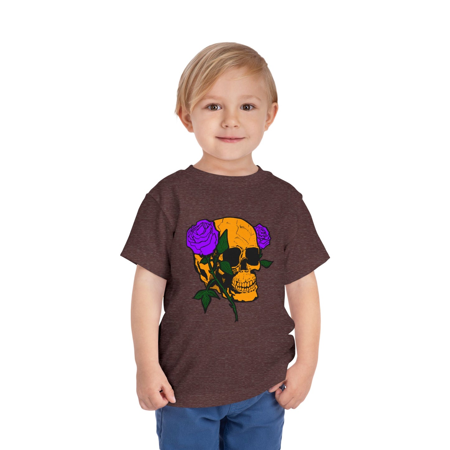 Toddler Tee — Orange Skull with Purple Roses Graphic