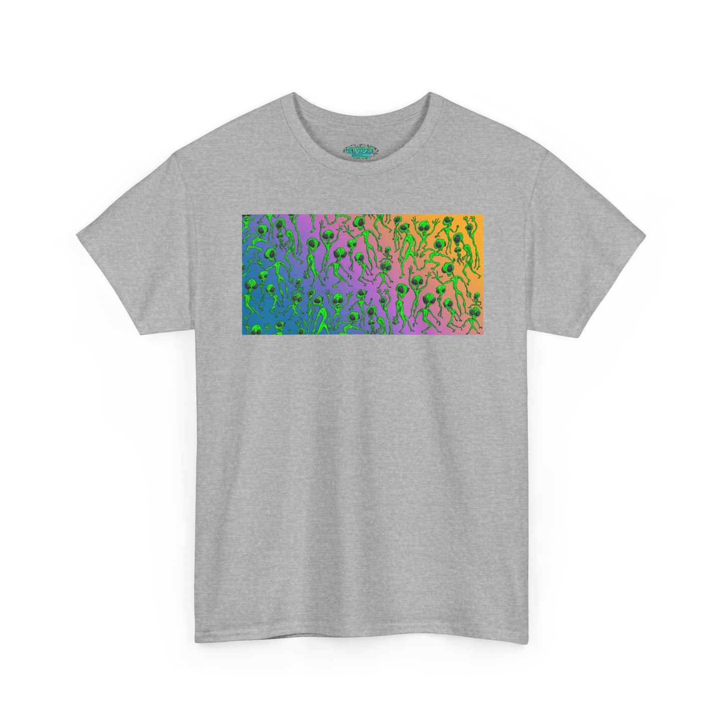 Alien Dance Party Gradient Tee — Colorful Psychedelic Green Aliens Art T-Shirt