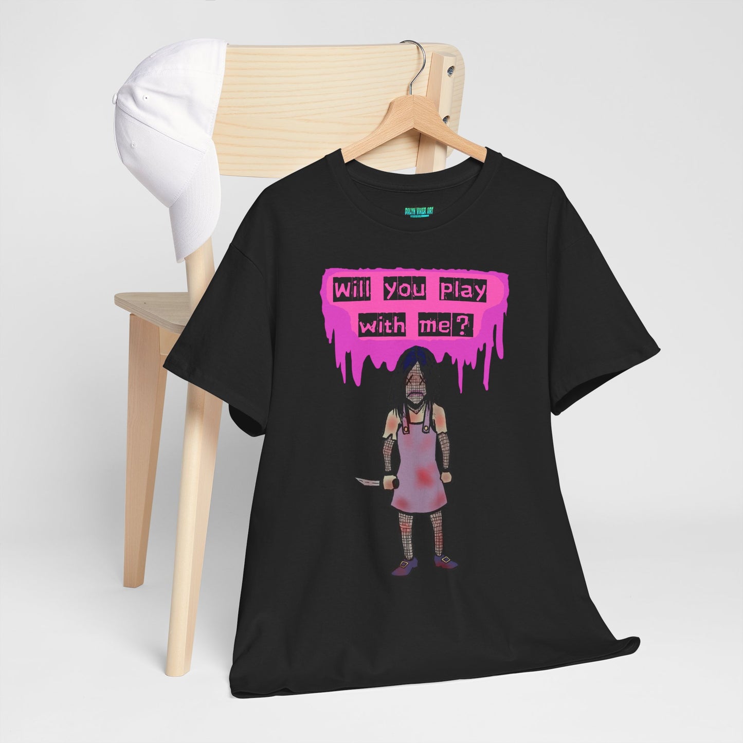 Playful Evil Doll Horror Graphic Tee, Unisex Heavy Cotton Shirt, Casual Wear, Unique Gift, Halloween Costume, Quirky Fashion