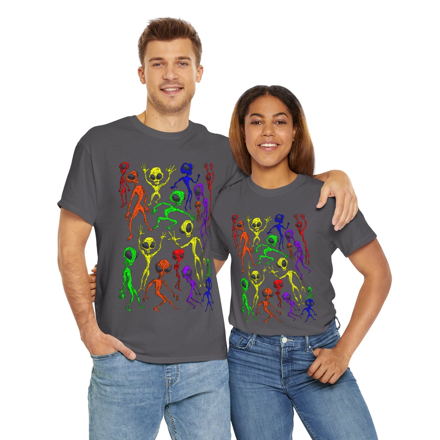 Rainbow Alien Dance Party Unisex Tee - Cosmic Sci-Fi Shirt