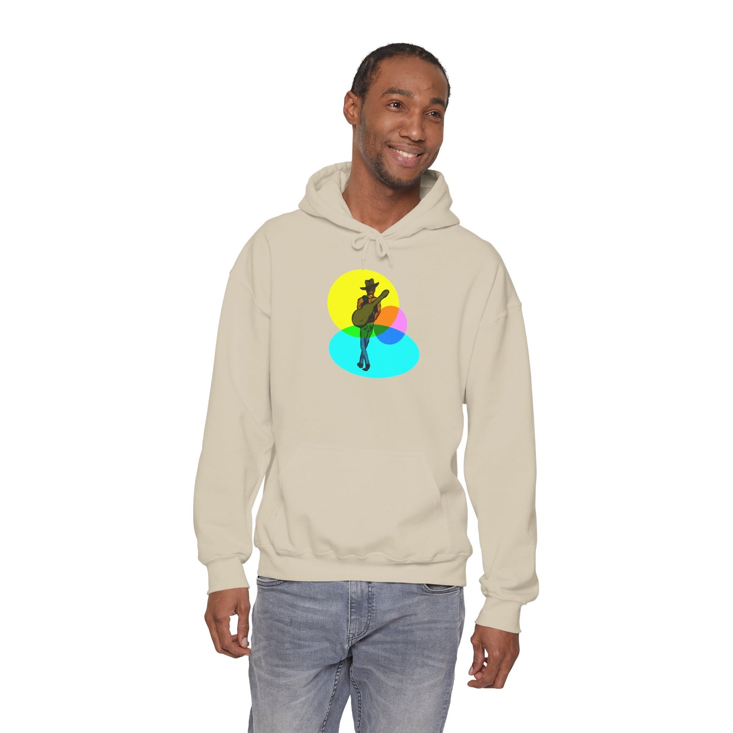 Cowboy with Guitar Hoodie — Colorful Retro Music Graphic Sweatshirt