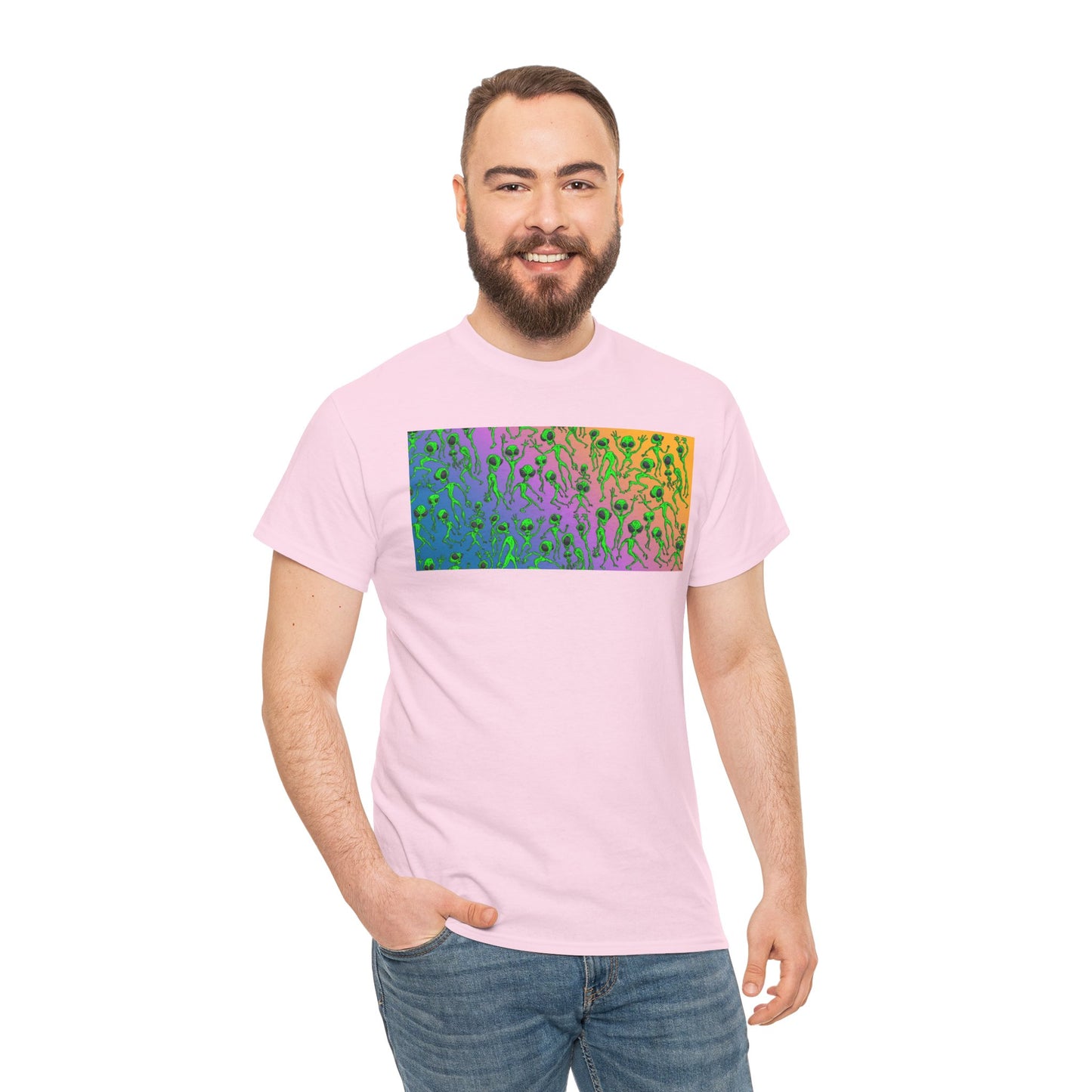 Alien Dance Party Gradient Tee — Colorful Psychedelic Green Aliens Art T-Shirt