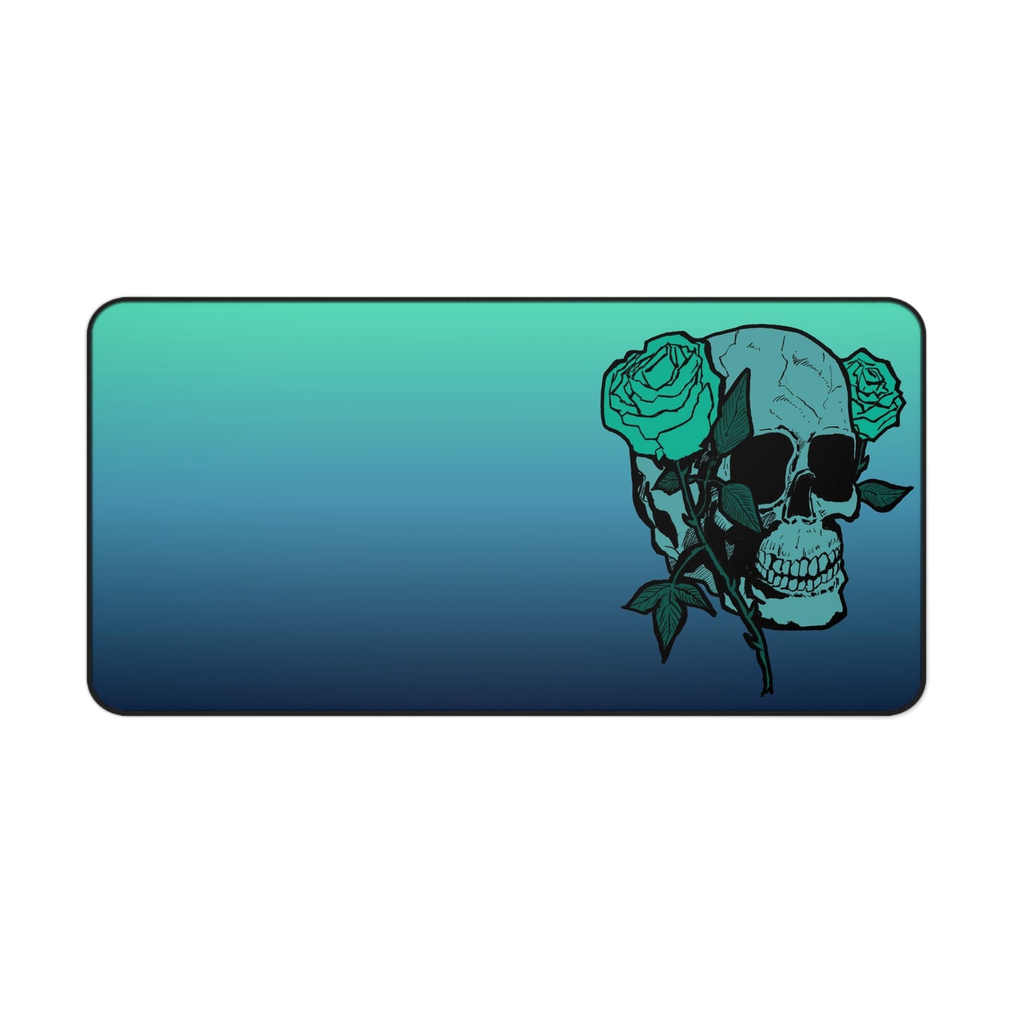 Teal Gradient Skull & Roses Desk Mat — Gothic Gaming Mousepad