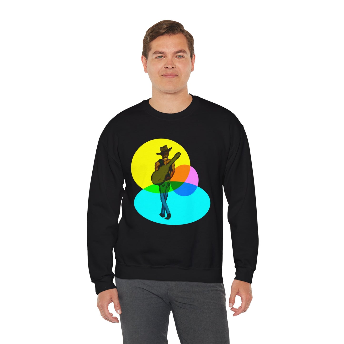 Cowboy Guitarist Graphic Sweatshirt — Retro Color Spot Music Pullover