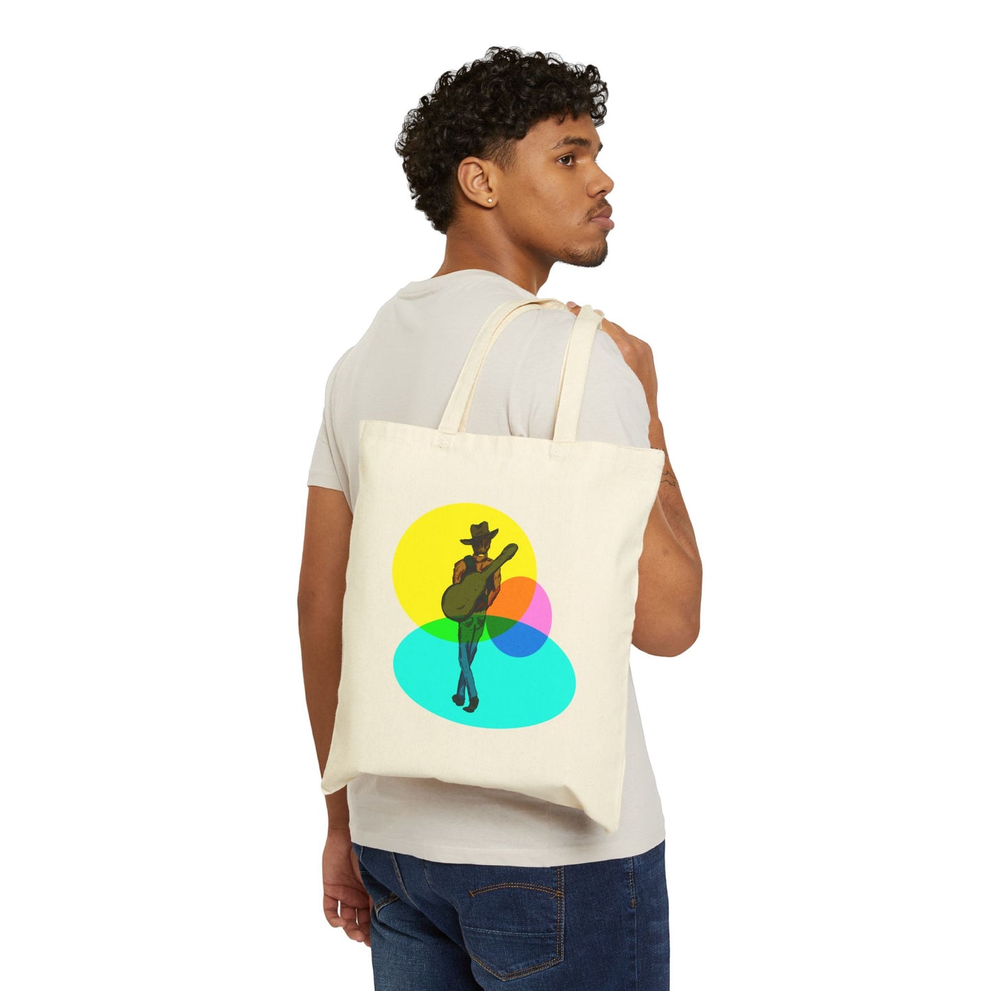 Cowboy Musician Tote Bag — Silhouette Guitarist Colorful Retro Circles Canvas Tote