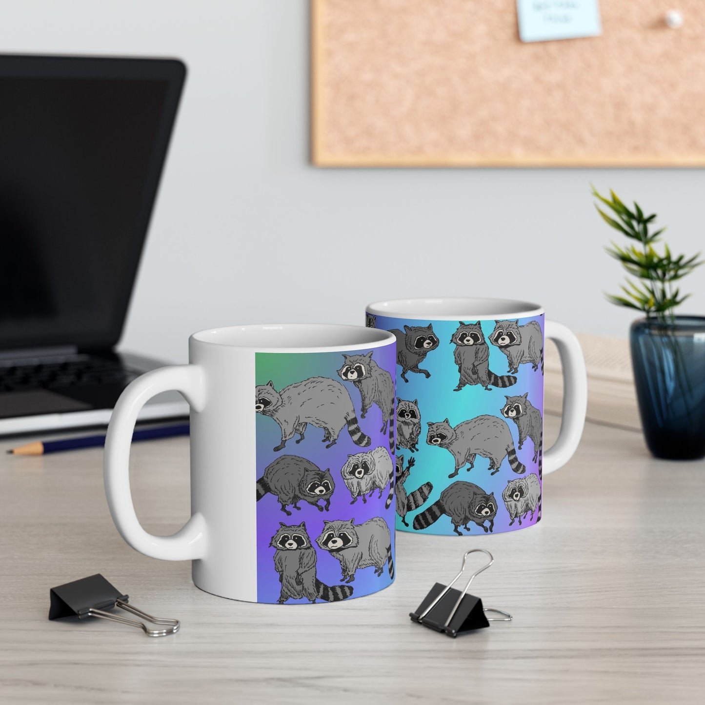 Raccoon Pattern Ceramic Mug — Cute Cartoon Raccoons on Gradient Background (11oz, 15oz)