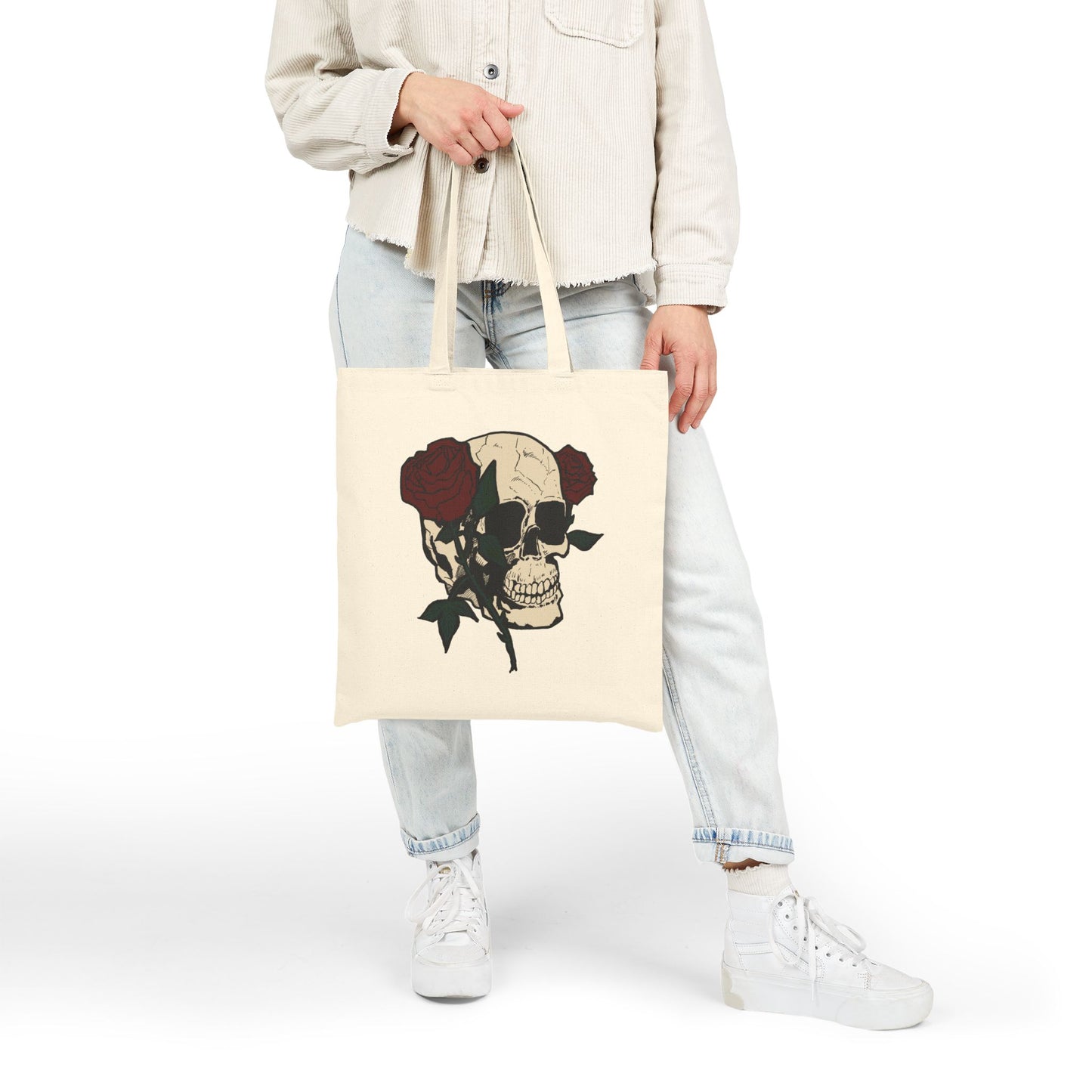 Skull & Roses Canvas Tote Bag — Gothic Floral Reusable Shopper