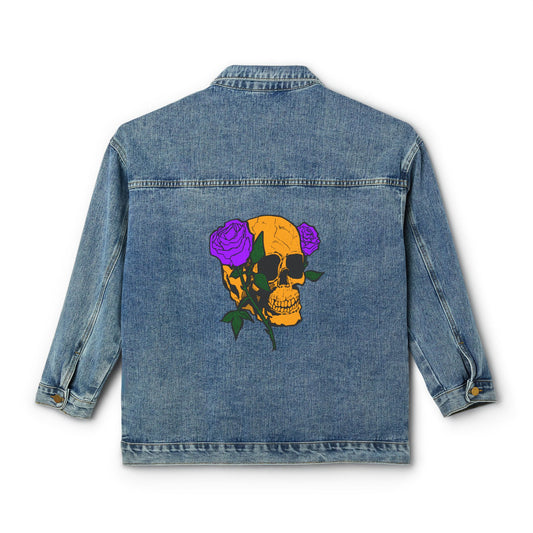 Women's Denim Jacket with Floral Skull Back Graphic - Edgy Boho Moto Jacket