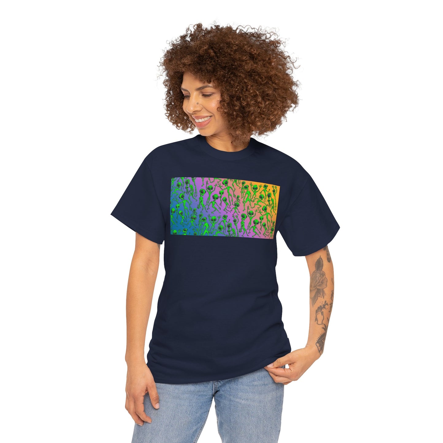 Alien Dance Party Gradient Tee — Colorful Psychedelic Green Aliens Art T-Shirt