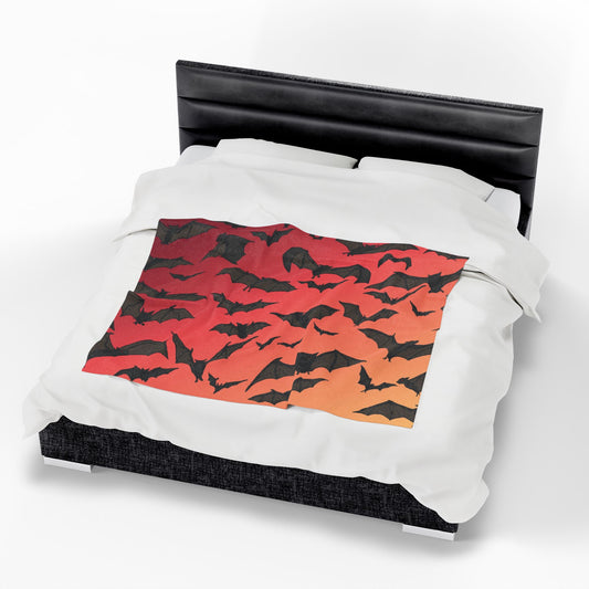 Bat Swarm Velvet Plush Blanket – Orange Gradient Flock Pattern