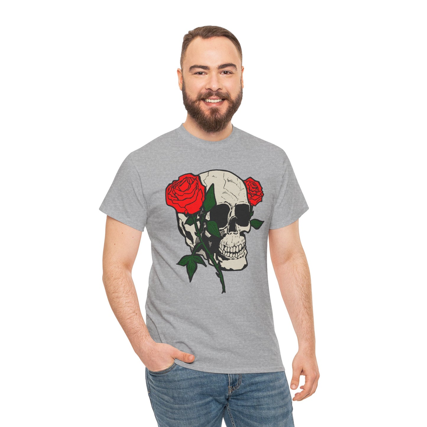 Skull & Roses Unisex Heavy Cotton Tee - Edgy Graphic T-Shirt for Casual Style