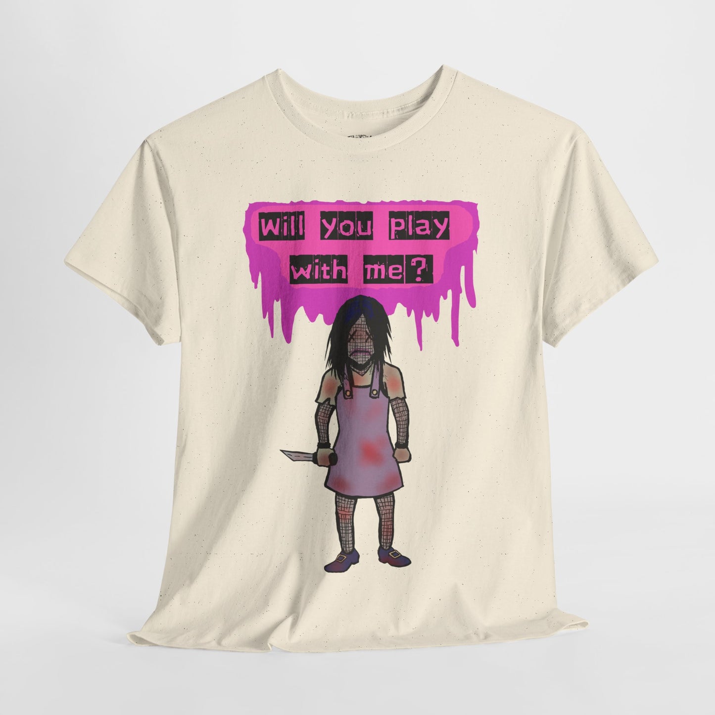 Playful Evil Doll Horror Graphic Tee, Unisex Heavy Cotton Shirt, Casual Wear, Unique Gift, Halloween Costume, Quirky Fashion