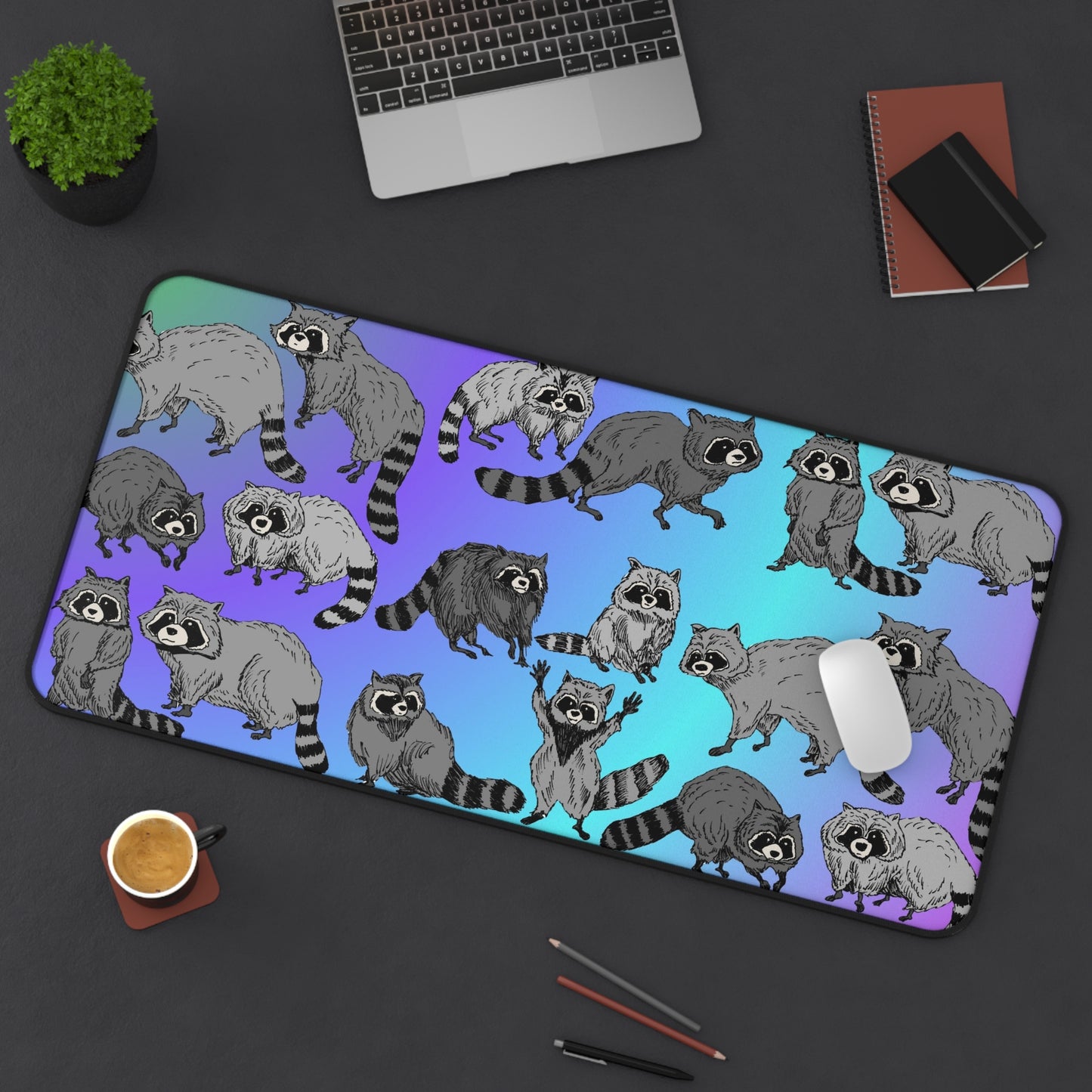 Raccoon Pattern Desk Mat — Cute Woodland Critter Mouse Pad for Home Office