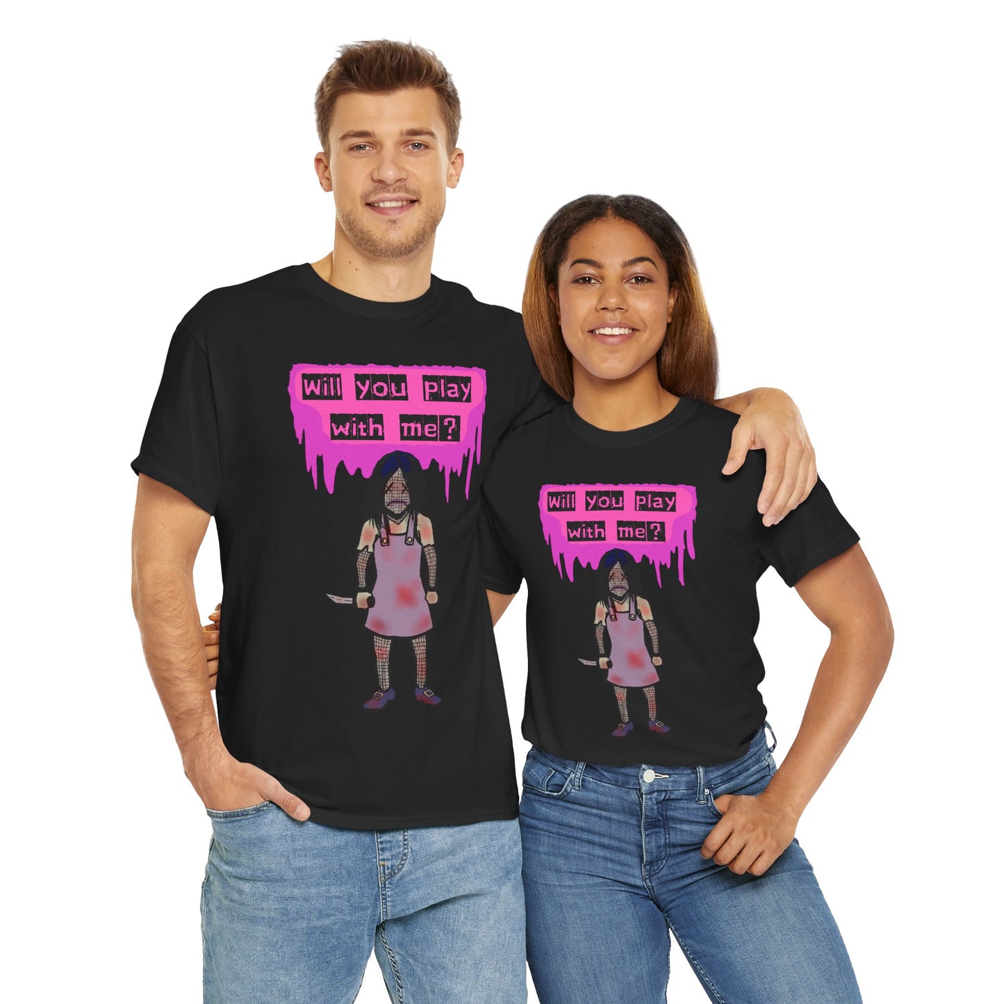 Playful Evil Doll Horror Graphic Tee, Unisex Heavy Cotton Shirt, Casual Wear, Unique Gift, Halloween Costume, Quirky Fashion