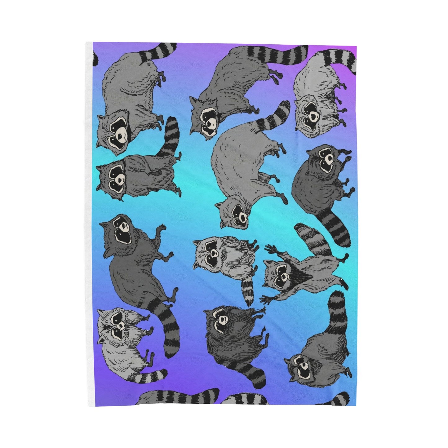 Raccoon Pattern Velveteen Plush Blanket — Cozy Blue Gradient Throw for Animal Lovers