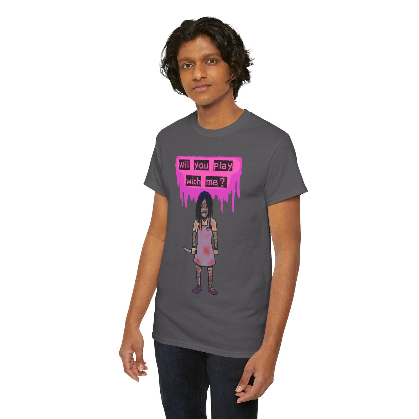 Playful Evil Doll Horror Graphic Tee, Unisex Heavy Cotton Shirt, Casual Wear, Unique Gift, Halloween Costume, Quirky Fashion