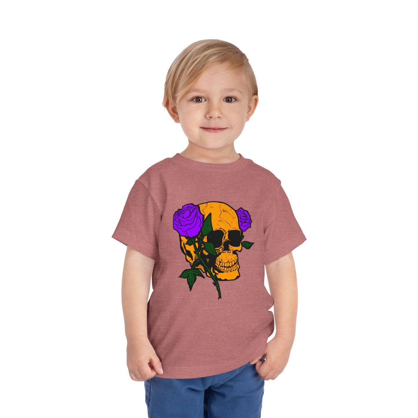 Toddler Tee — Orange Skull with Purple Roses Graphic
