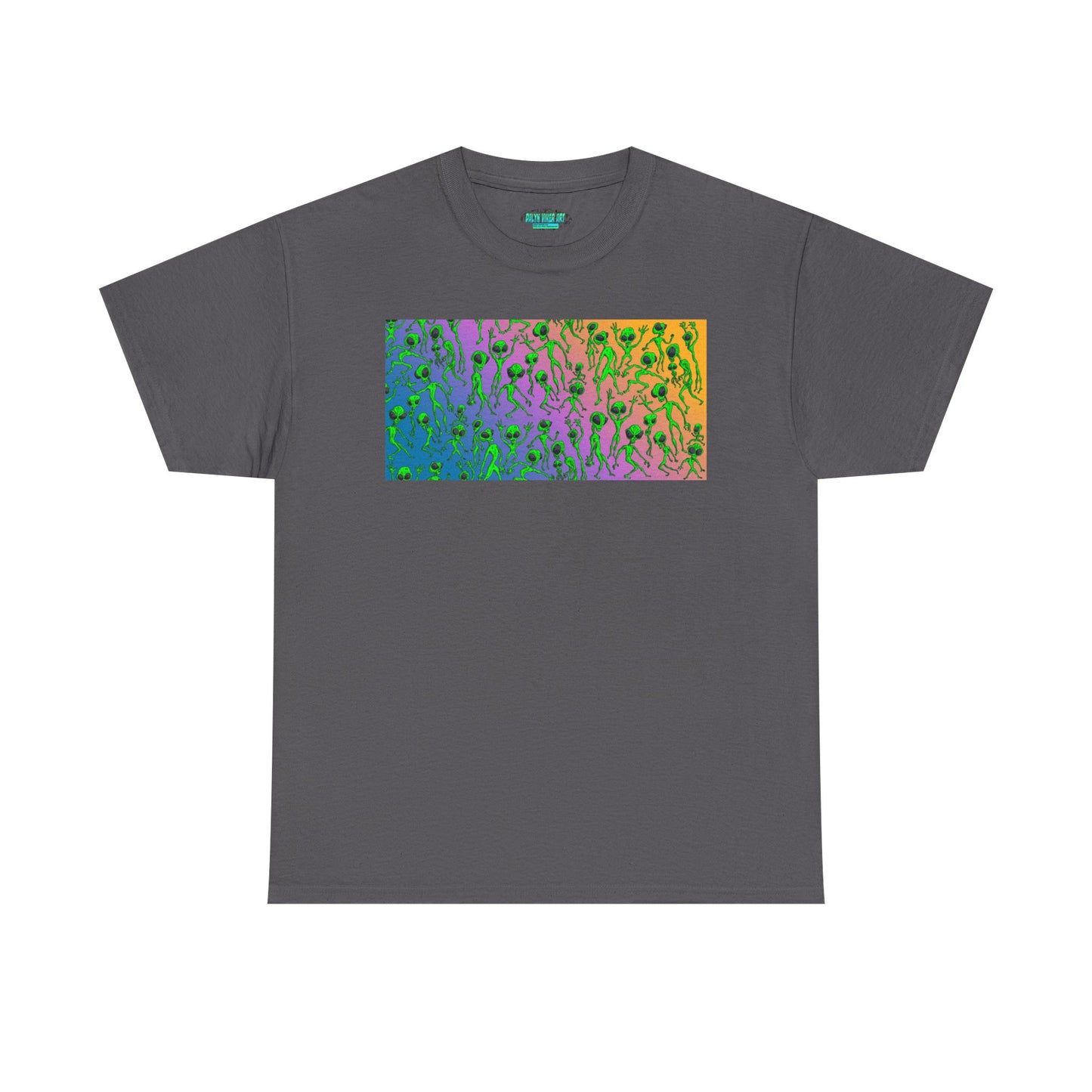 Alien Dance Party Gradient Tee — Colorful Psychedelic Green Aliens Art T-Shirt