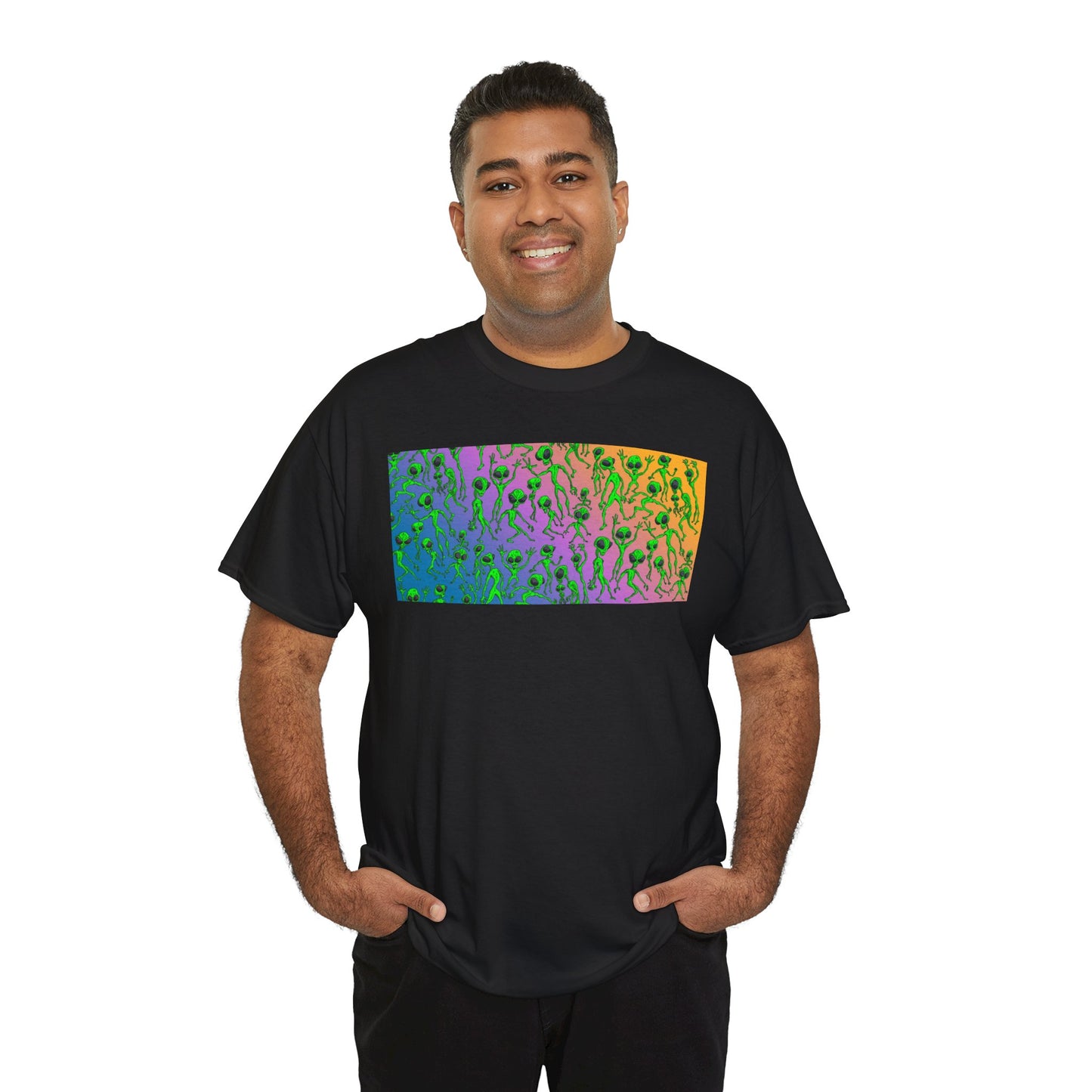 Alien Dance Party Gradient Tee — Colorful Psychedelic Green Aliens Art T-Shirt