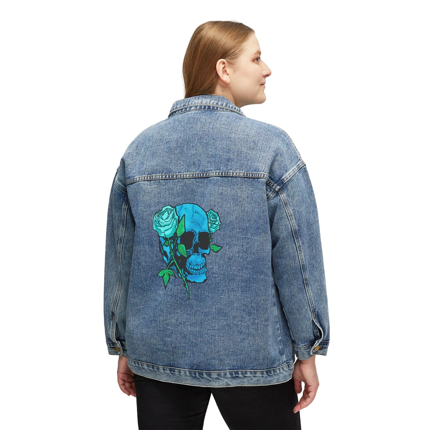 Women's Denim Jacket with Blue Skull & Rose Back Graphic