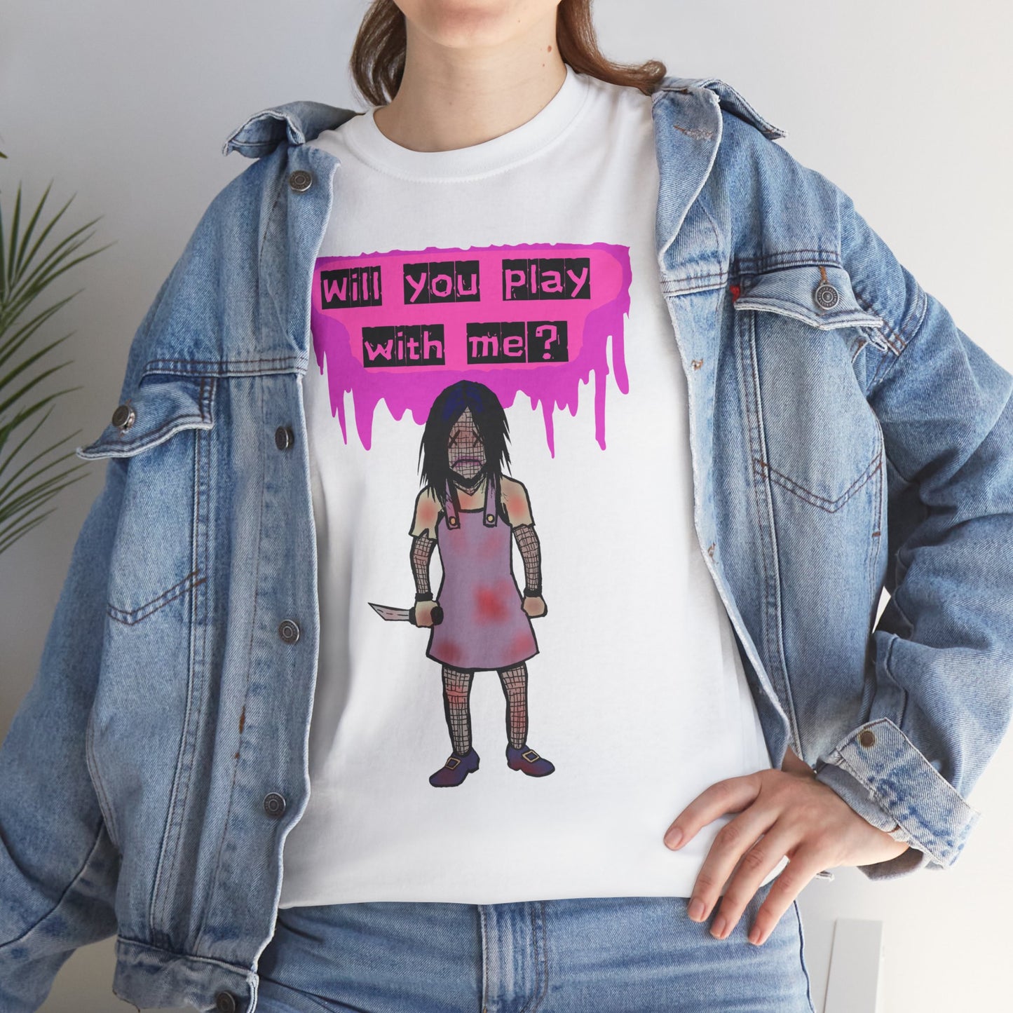 Playful Evil Doll Horror Graphic Tee, Unisex Heavy Cotton Shirt, Casual Wear, Unique Gift, Halloween Costume, Quirky Fashion