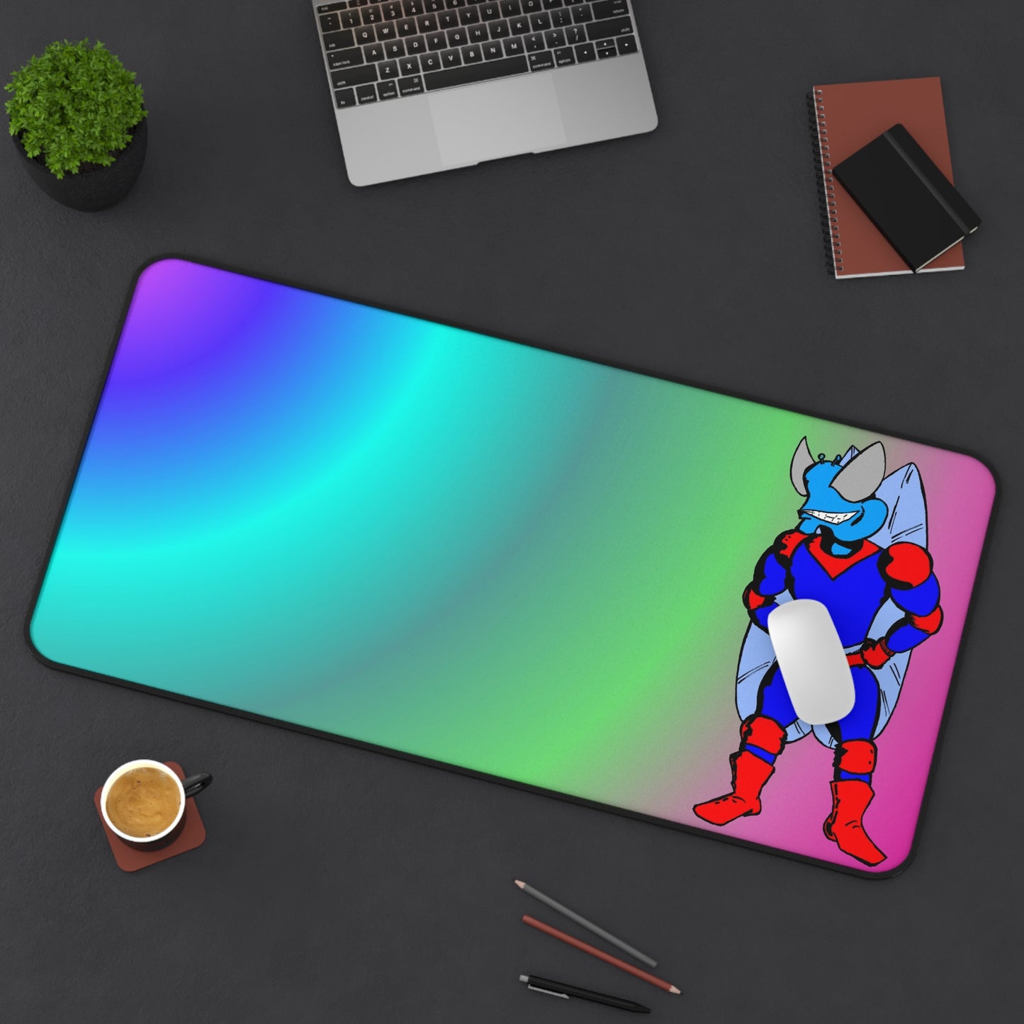 Astro-Fly Colorful Gradient Desk Mat with Retro Superhero Bug Illustration
