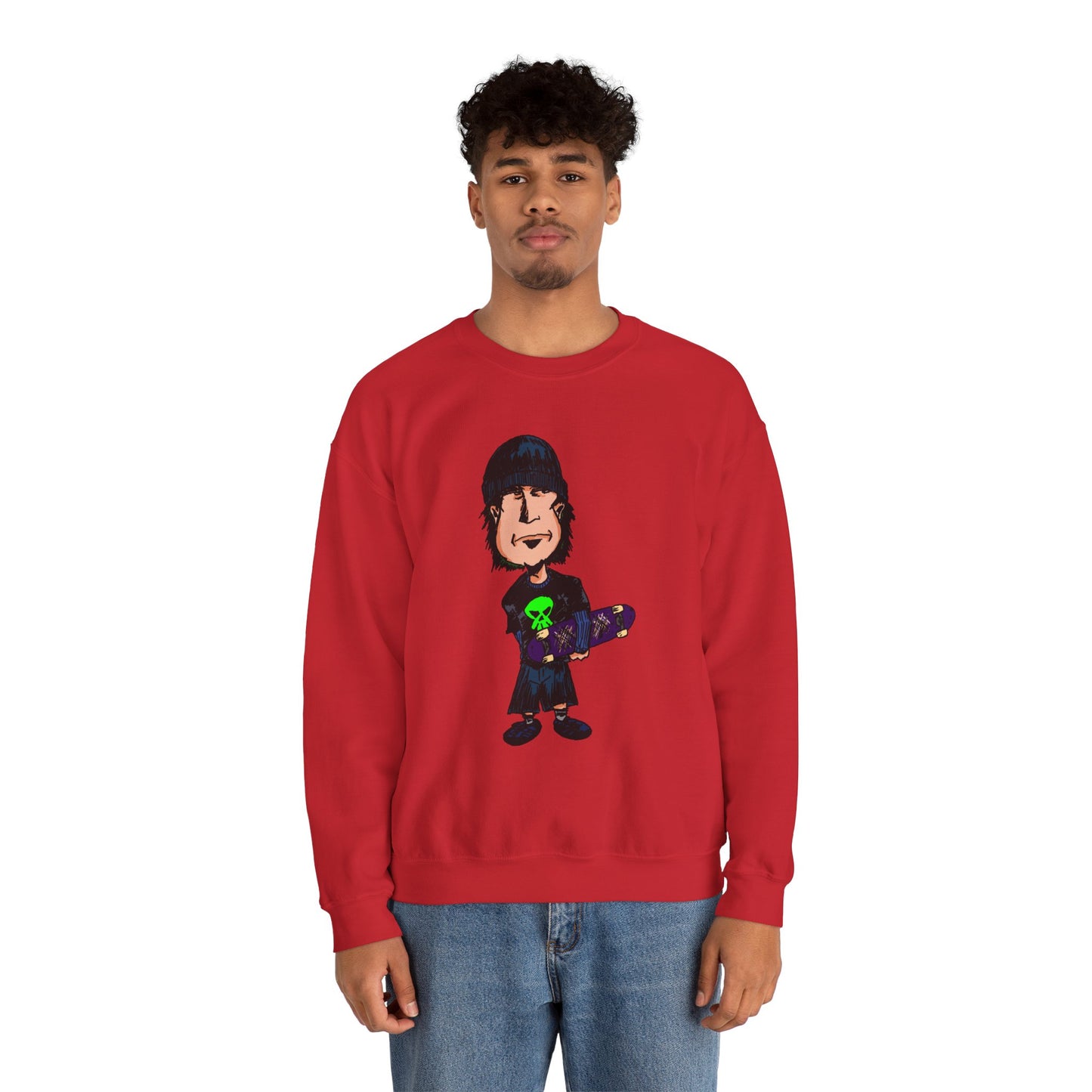 Rude Skater Dude - Cartoon Skate Punk Crewneck Sweatshirt — Retro Skateboard Character Graphic