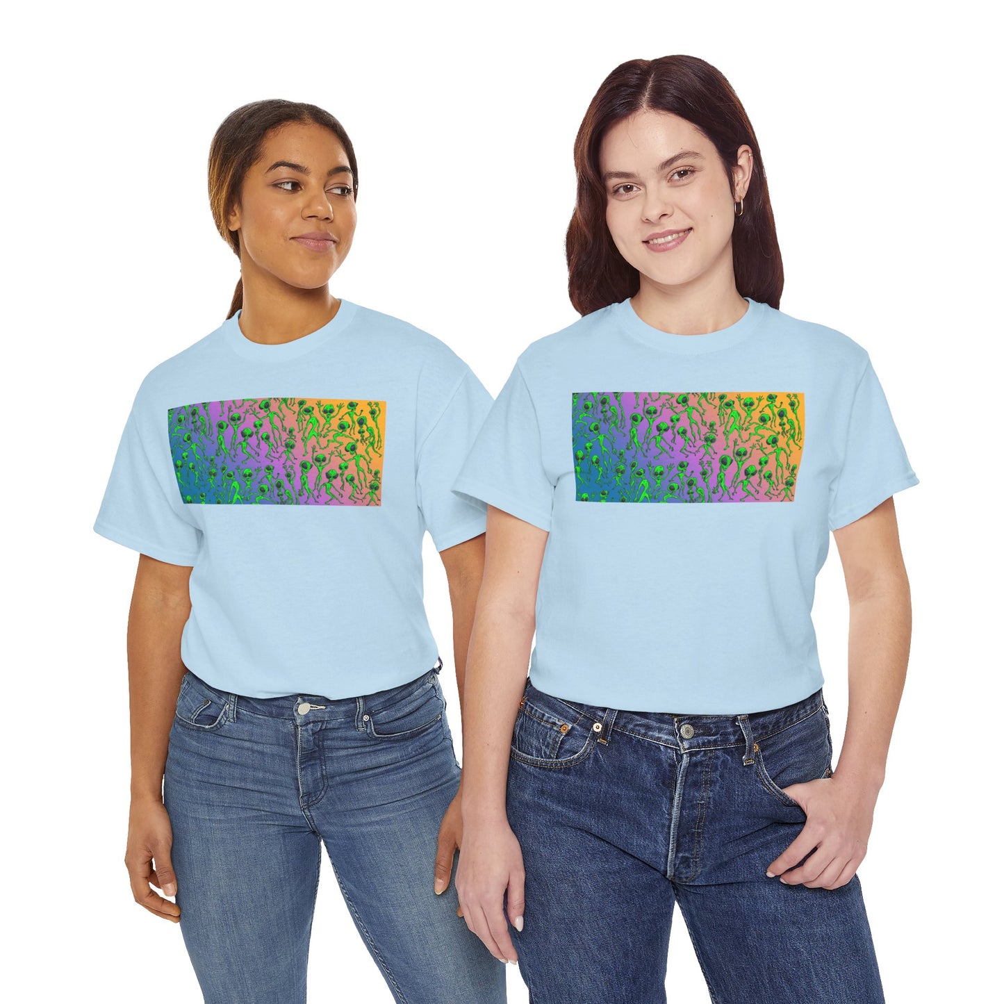 Alien Dance Party Gradient Tee — Colorful Psychedelic Green Aliens Art T-Shirt