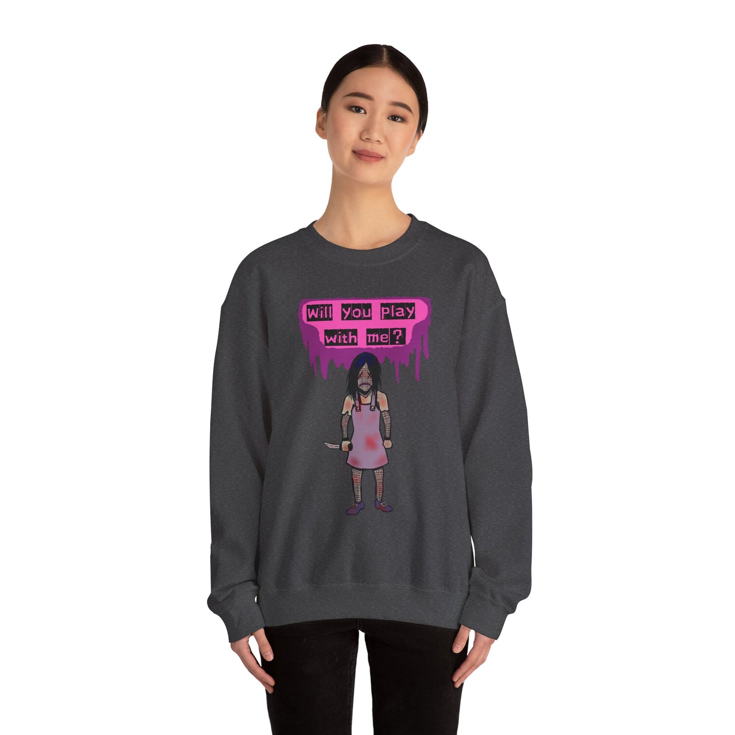 Evil Doll GHOSTLY VINTAGE UNISEX CREWNECK SWEATSHIRT - "Will You Play With Me?"