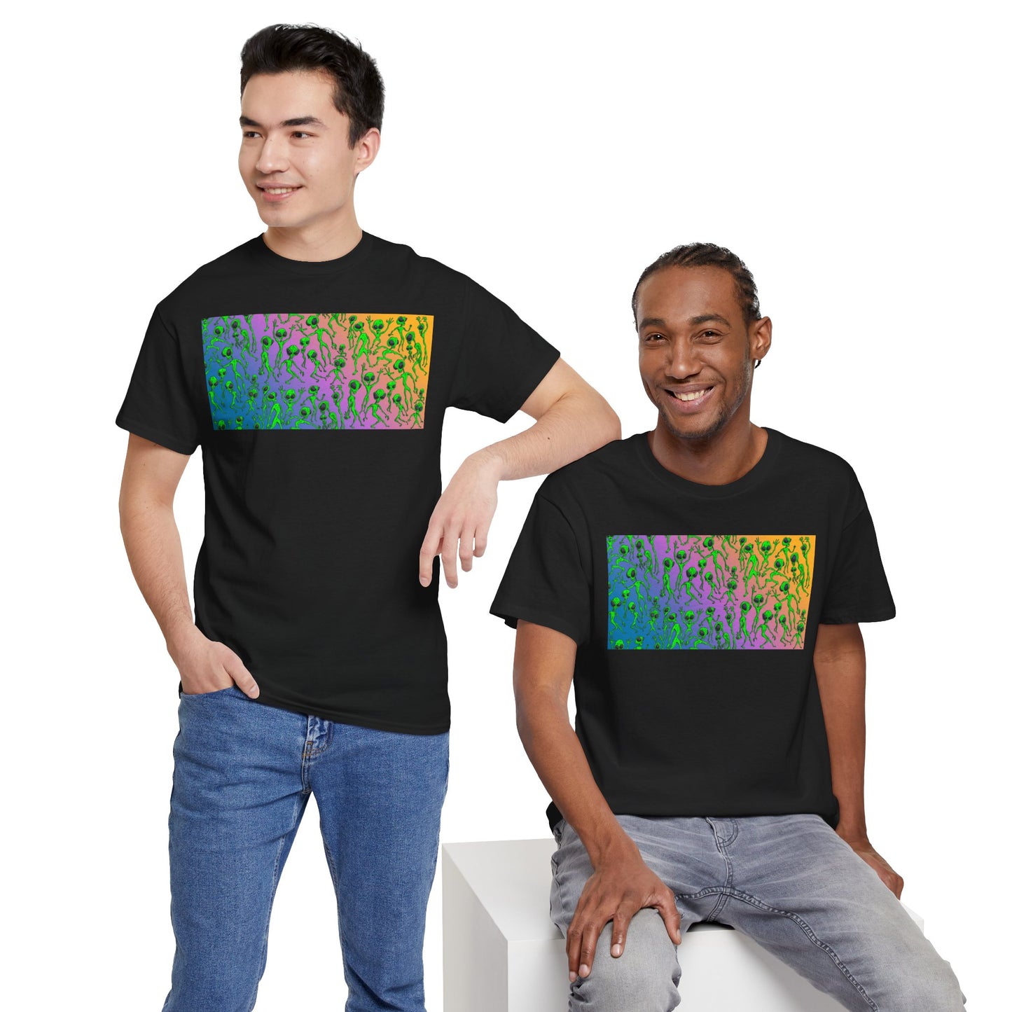 Alien Dance Party Gradient Tee — Colorful Psychedelic Green Aliens Art T-Shirt