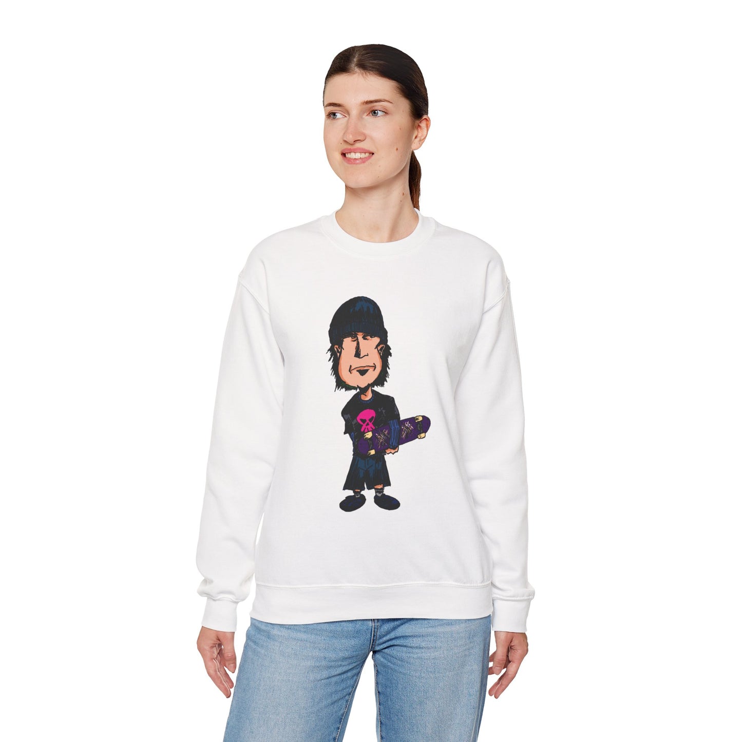 Rude Skater Dude - Skate Punk - Cartoon Skater Crewneck Sweatshirt – Cute Skateboarder Graphic Pullover