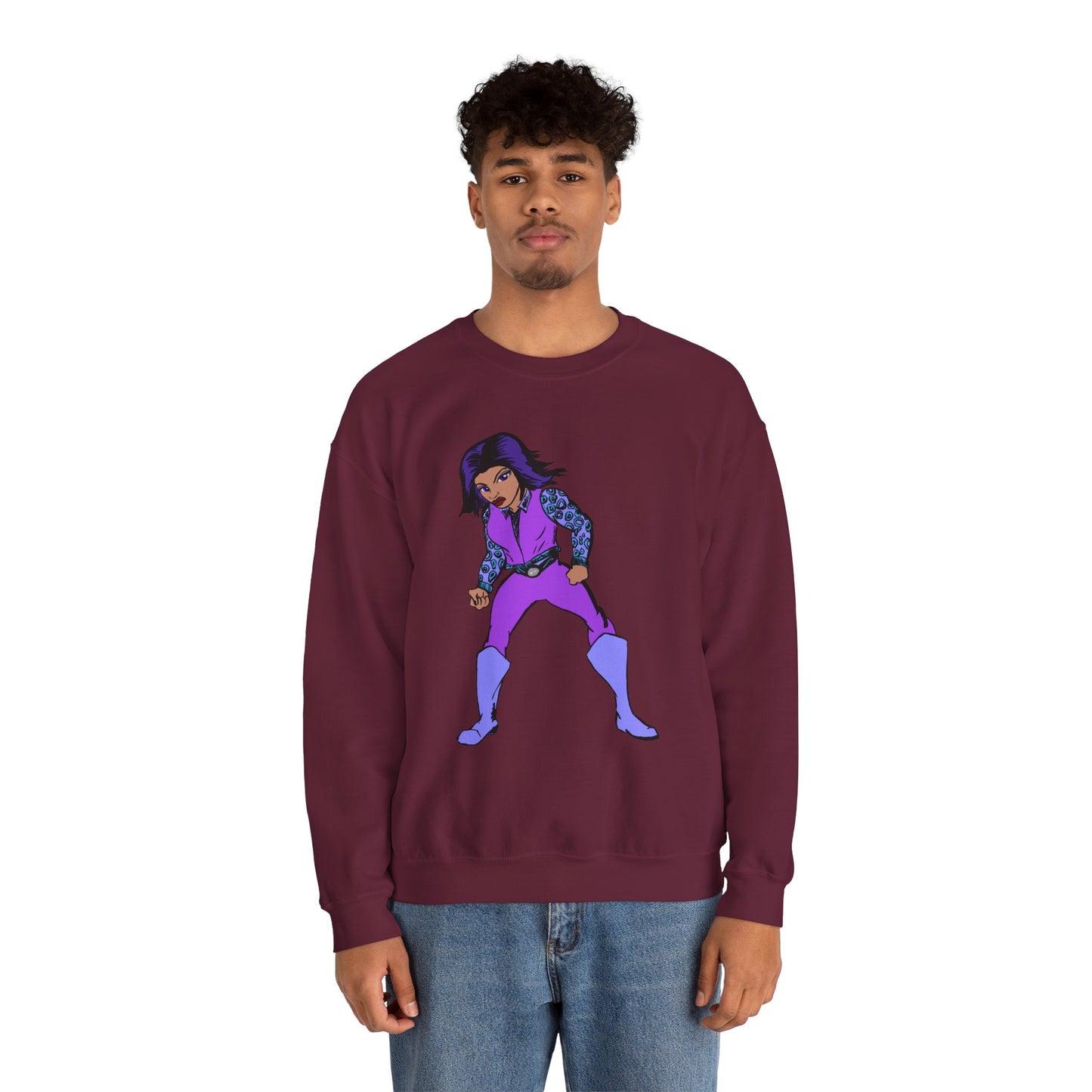 Vintage Retro Hero Crewneck Sweatshirt with Bold Graphic Design