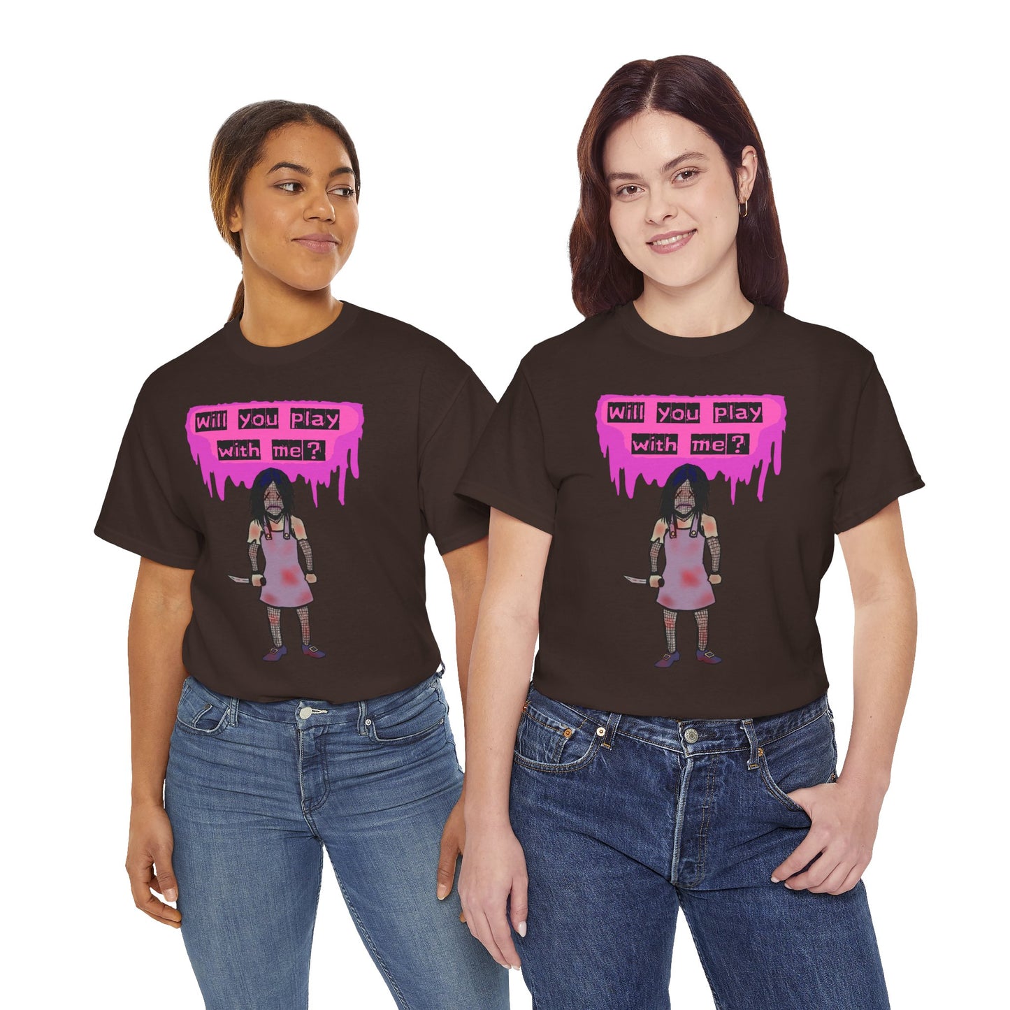 Playful Evil Doll Horror Graphic Tee, Unisex Heavy Cotton Shirt, Casual Wear, Unique Gift, Halloween Costume, Quirky Fashion