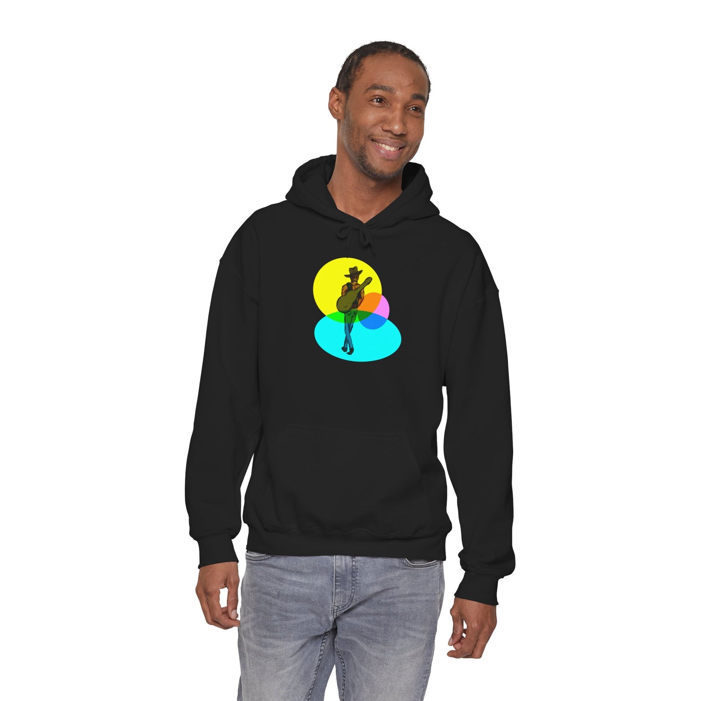 Cowboy with Guitar Hoodie — Colorful Retro Music Graphic Sweatshirt