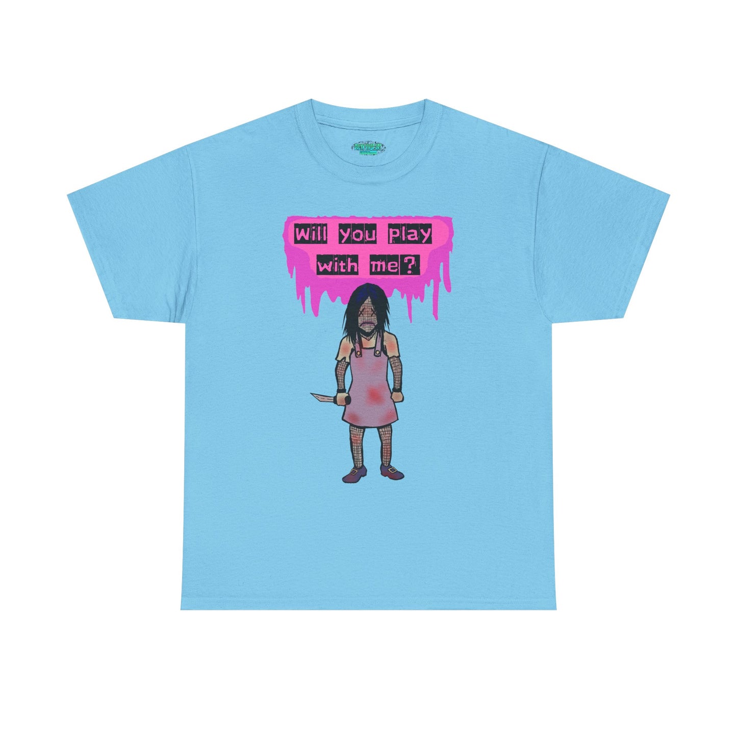 Playful Evil Doll Horror Graphic Tee, Unisex Heavy Cotton Shirt, Casual Wear, Unique Gift, Halloween Costume, Quirky Fashion