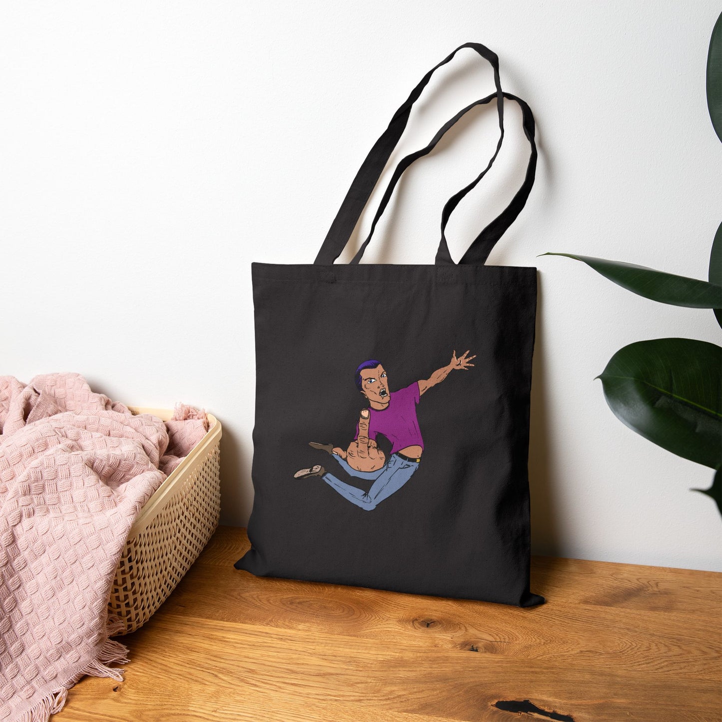 Giving a Flying Eff Tote Bag — Playful Retro Man Jumping Illustration Cotton Canvas Tote