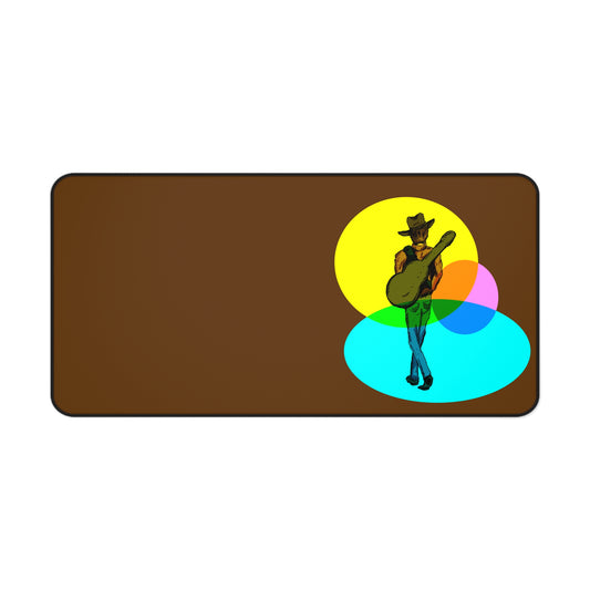 Cowboy Guitarist Vibes Desk Mat — Brown Musician Desk Pad with Colorful Spotlight Art