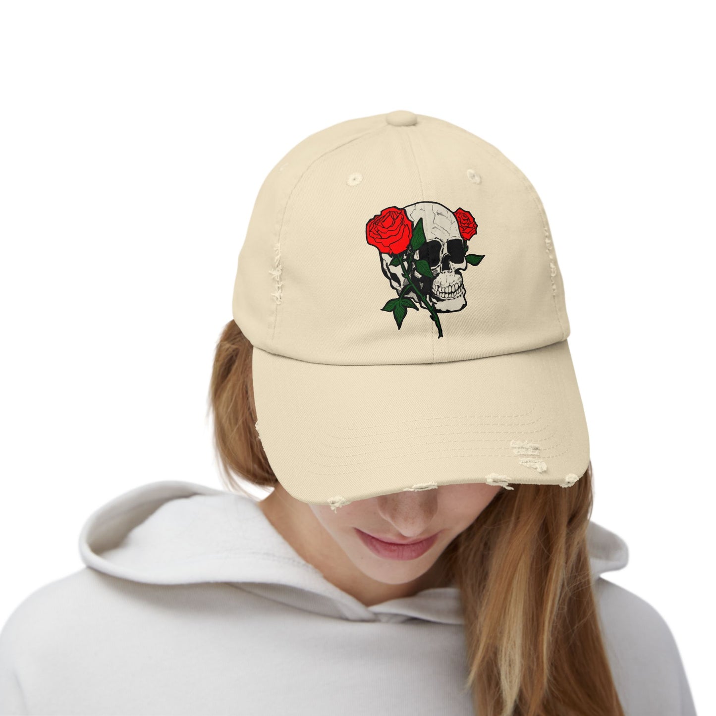Skull and Roses Distressed Unisex Cap – Edgy Fashion Accessory for Music Lovers