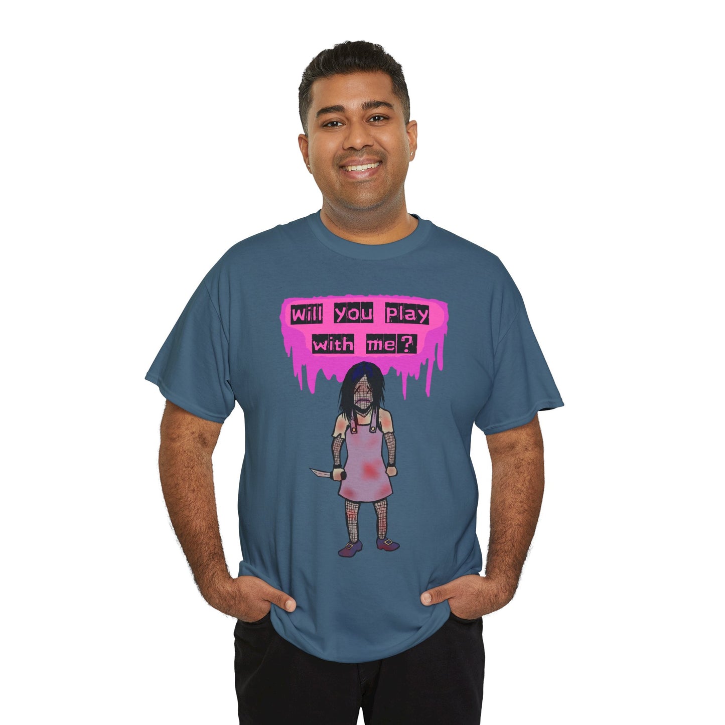 Playful Evil Doll Horror Graphic Tee, Unisex Heavy Cotton Shirt, Casual Wear, Unique Gift, Halloween Costume, Quirky Fashion